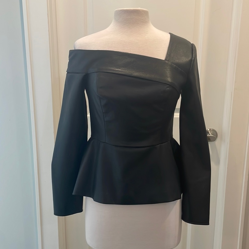 BCBGMAXAZRIA
One-shoulder Faux-leather Peplum Top In Black